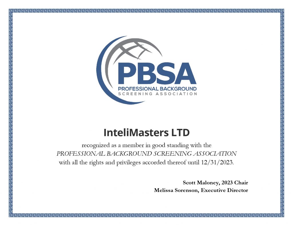 InteliMasters PBSA 2023 Membership Certificate Background Screening